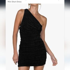 Womens Medium One Shoulder Ruched Black Sparkle Mini Dresses